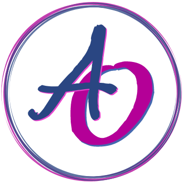 magenta and navy blue logo showing AO surrounded by circles